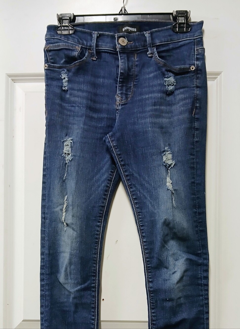Express Skinny Jeans in Dark Blue with Distressed Details